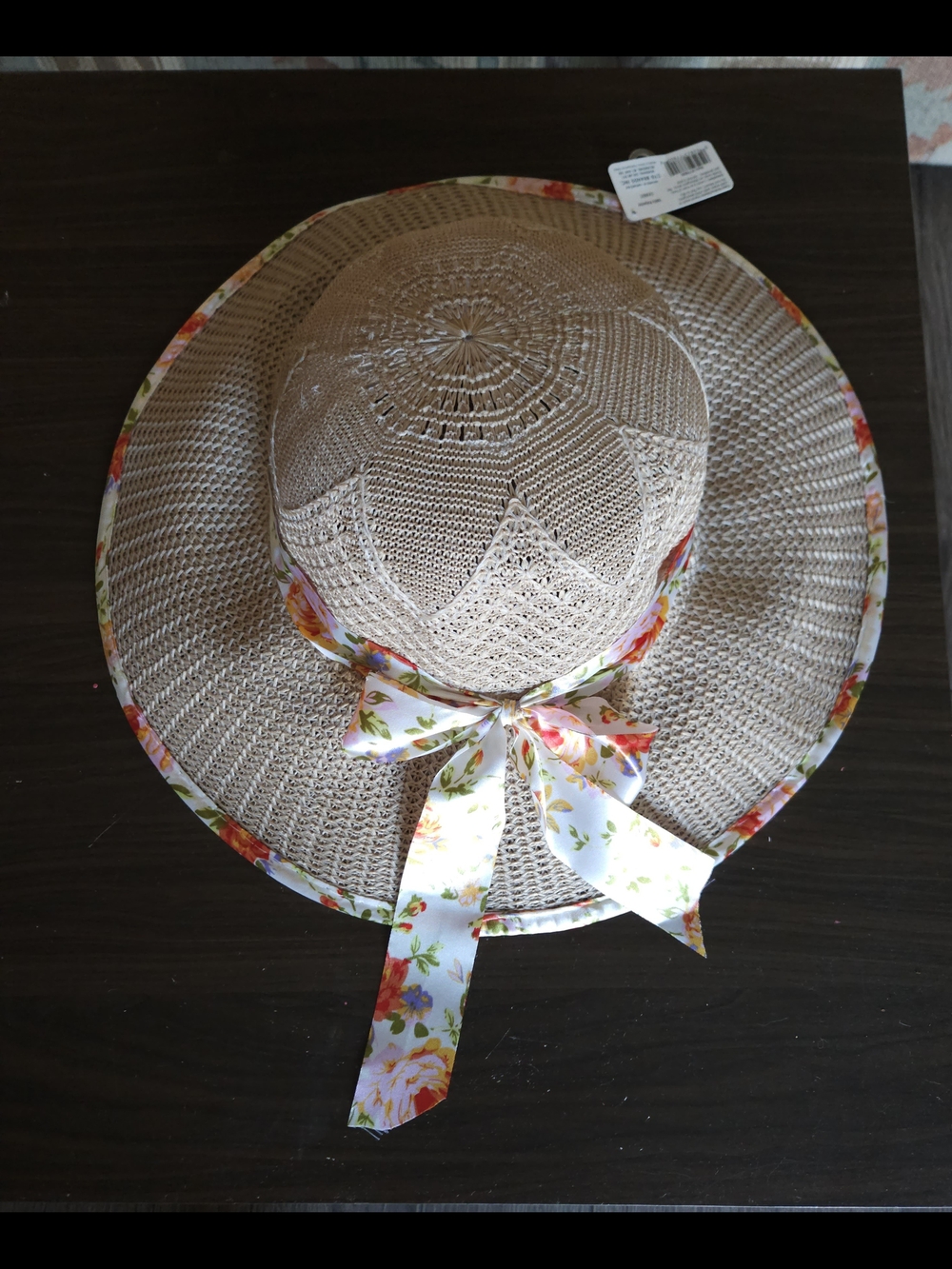 NWT Beige Woven Sun Hat with Floral Bow Trim